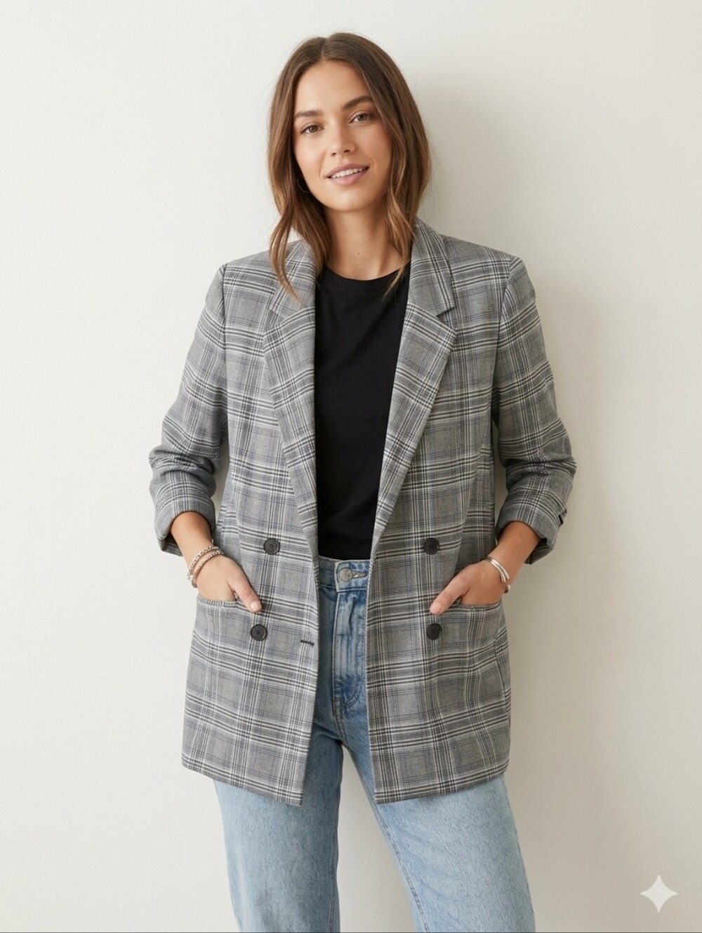 Black and Gray/Blue Plaid Double-Breasted Blazer